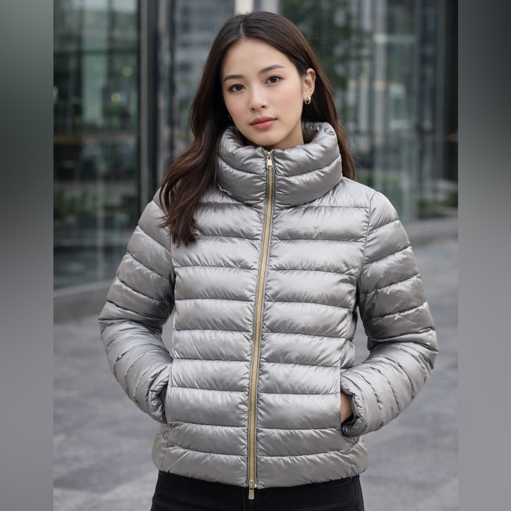 SAVE THE DUCK Women’s Elsie Metallic Gray Short Puffer Jacket Size XXL